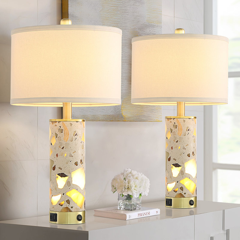 22.5? Decorative Translucent Stone Table Lamps With Independent Night Light & Dual USB-A+C Charging Ports
