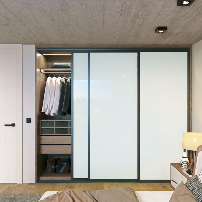Portes coulissantes à panneau en verre laiteux - Structure en aluminium avec technologie Silent Glide, Noir, 90 po x 80 po, 3