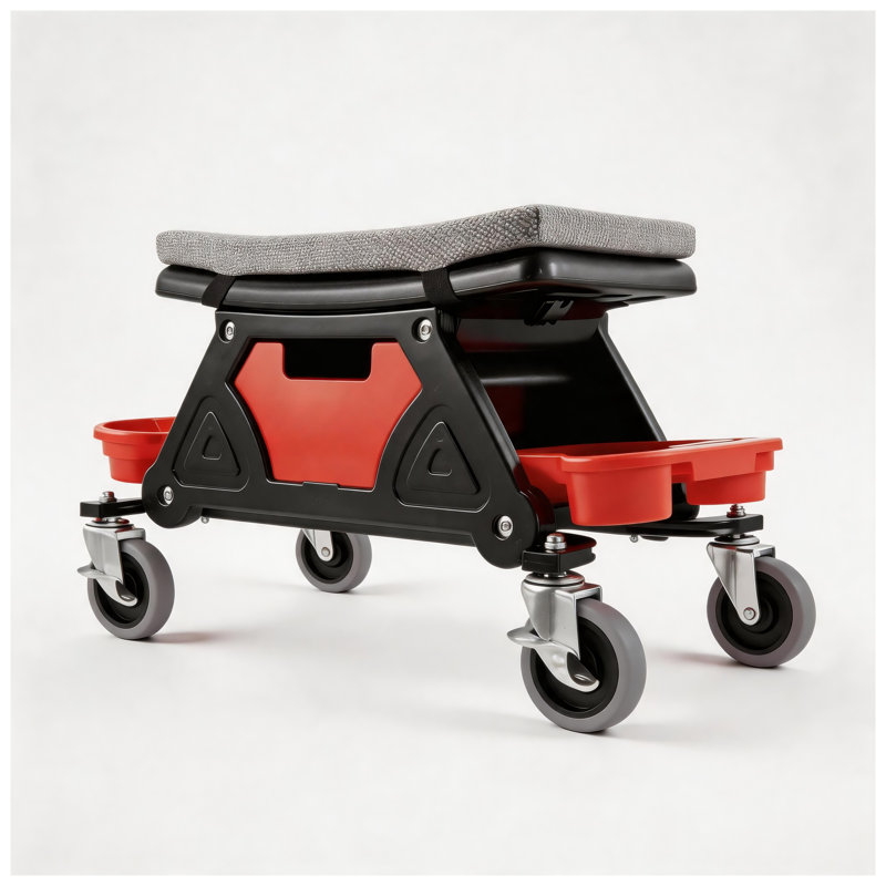 Tabouret roulant avec plateau à outils amovible, siège de magasin en fer rouge et noir