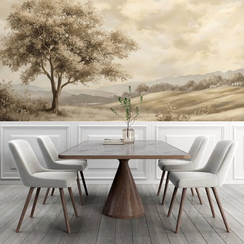 Paysage de sépia tranquille avec arbre et collines, L 108 po x l 96 po
