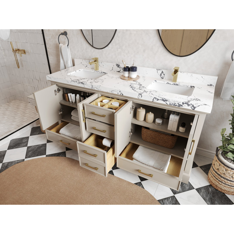 Meuble-lavabo double 72 po avec plateau Charlotte, Or Calacatta