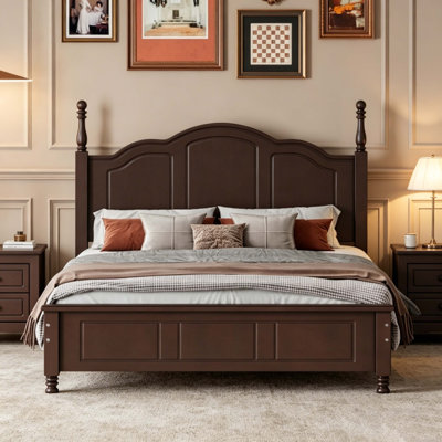 Dark Walnut Full Size Retro Wood Platform Bed Frame with Turned Posts, No Box Spring Needed
