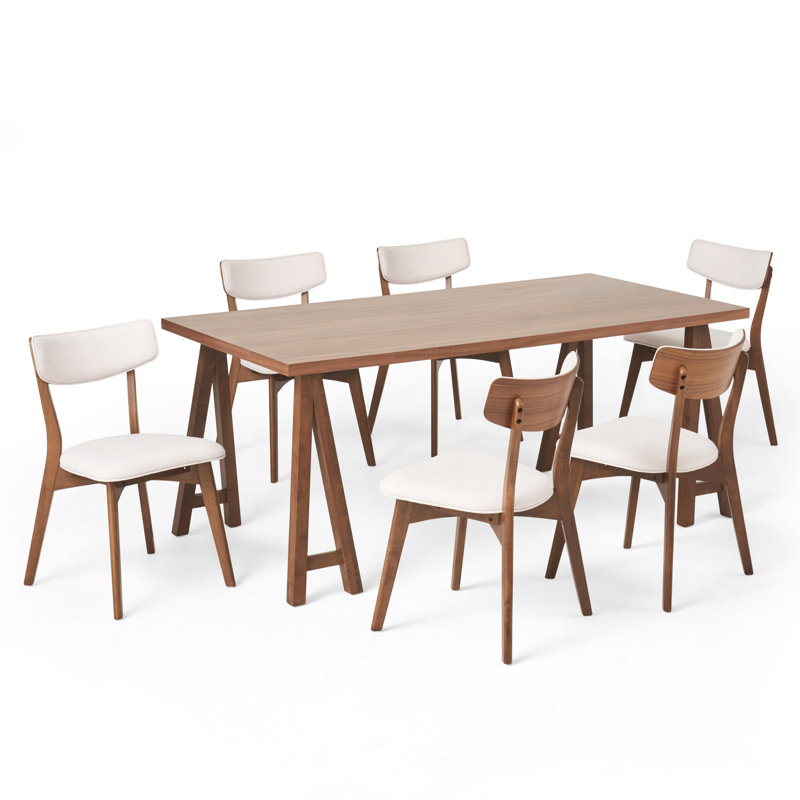 6 - Person Four Leg Dining Set, Walnut, Light Beige