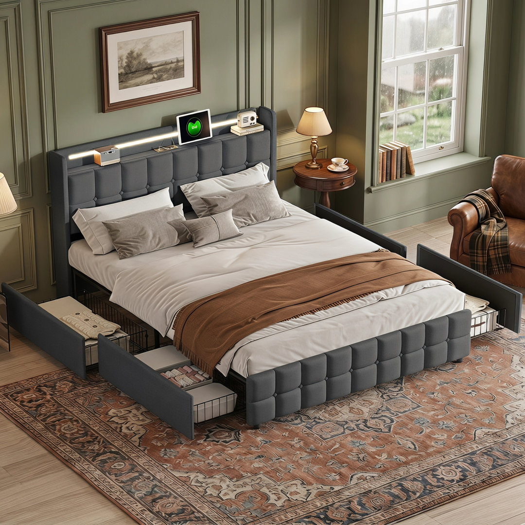 6Ft Upholstered Platform Bed With 4 Storage Drawers, Linen Fabric Double Bed Frame With Headboard, Upholstered Double Bed With Charging Station & LED