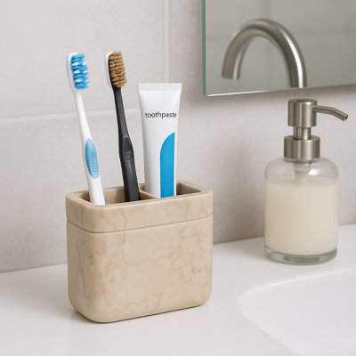 Natural Champagne Marble Rectangular Toothbrush Paste Holder Tumbler Makeup Brush Holder Bathroom Countertop Organizer
