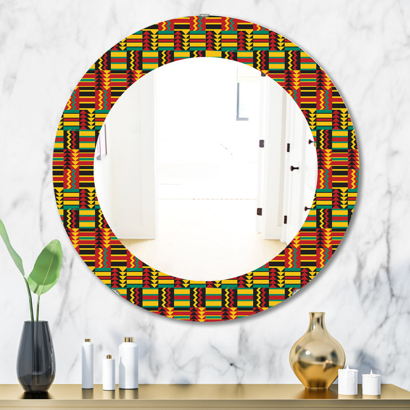 Motif africain - miroir bohémien et éclectique, H 23,6 po x l 23,6 po