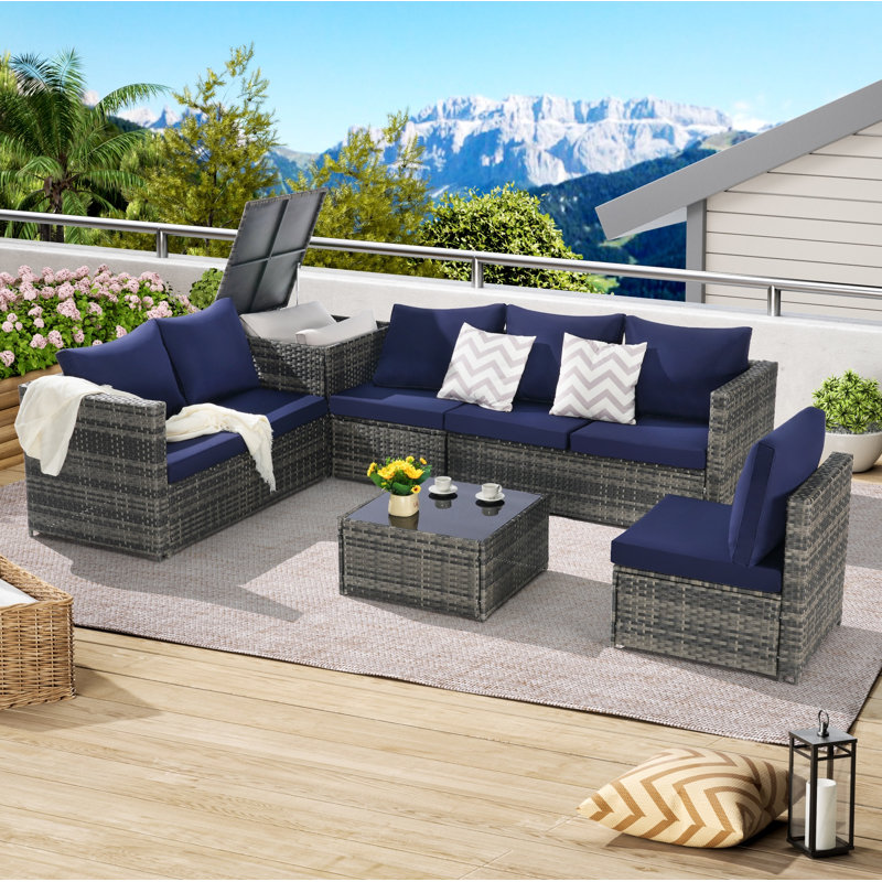 6 Pieces Patio Furniture Set,Outdoor Woven Sectional L- Shaped Patio Furniture ,Wicker Conversation Set with corner table&Glass Top Table for Backyard Poolside