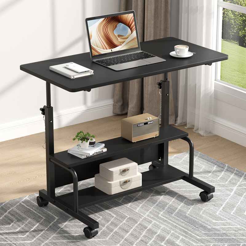 Manual Height Adjustable Standing Desk with Storage Shelf, Portable Mobile Computer Desk, Black