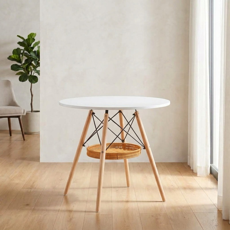 Table de salle à manger ronde en bois et blanc de 80 cm (31,5 po) avec panier sous la table pour petits espaces