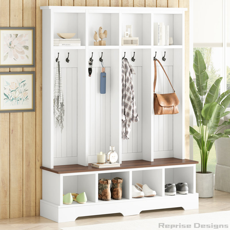 Farmhouse Hall Tree with 8 Hooks, Practical Entryway Bench with Open Compartments, 76.7"H Modern 3-in-1 Wooden Style Coat and Shoe Rack for Mudroom, Living Room