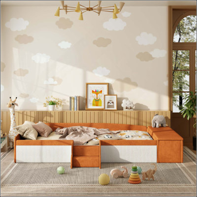 Velvet Upholstered Daybed With Stairs & Gas Lift Storage Ottoman, Contrast Color, Padded Guardrails