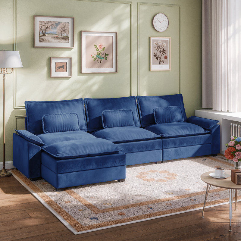 116'' Wide Modular Sectional Sofa With Removable Cushions, Ottoman, And Boucle Upholstery, Navy