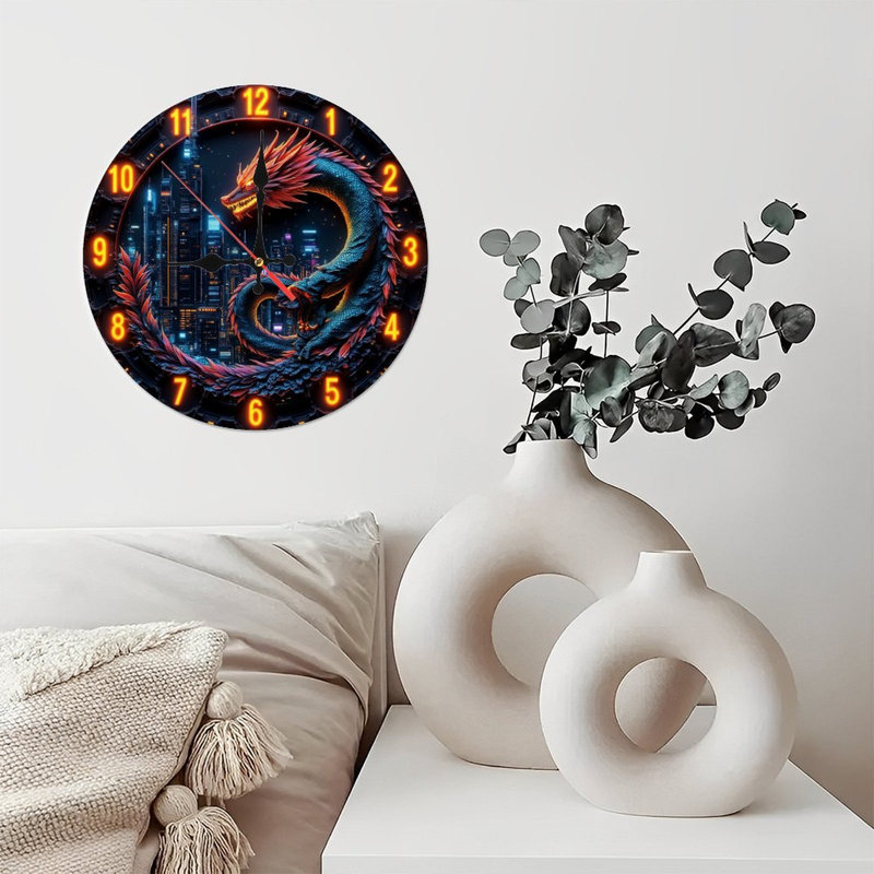 Horloge murale dragon chinois avec ville de nuit colorée