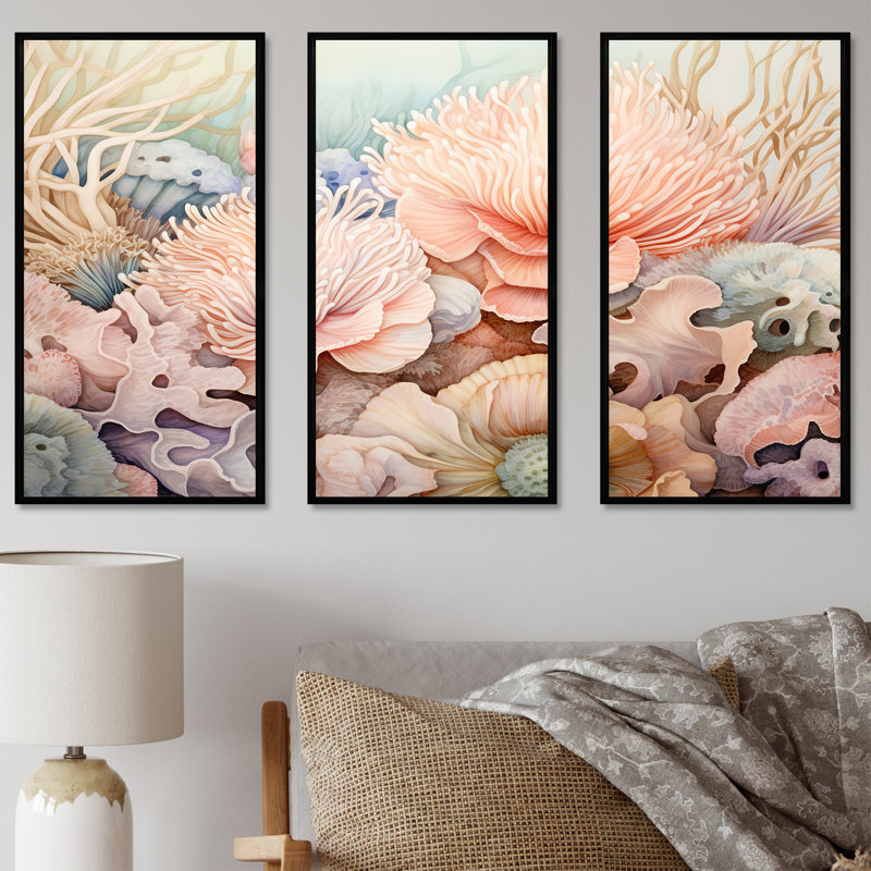 Ensemble de décorations murales Sea Anemone Pastel Elegant I - Coastal Coral Under Water, Cadre flottant noir