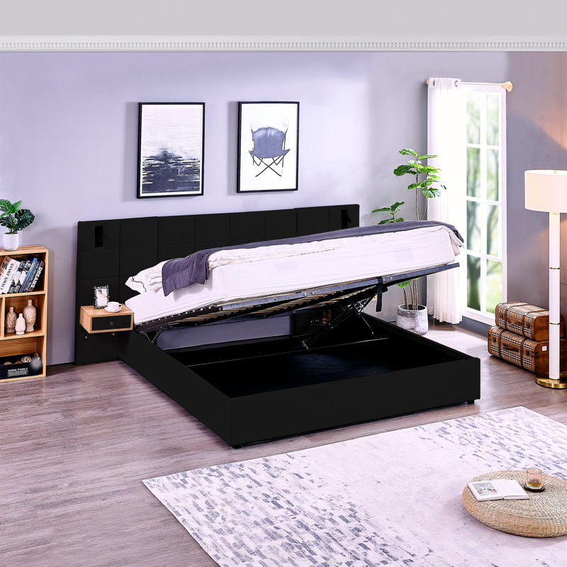 Lit plateforme très grand avec rangement en velours hydraulique - 2 tablettes, 2 lampes de lecture et port USB, noir, Noir