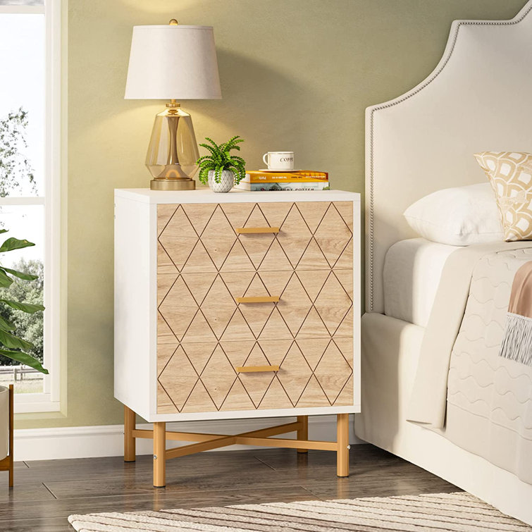 Haziqah 3 - Drawer Iron Nightstand in White/Brown/Gold