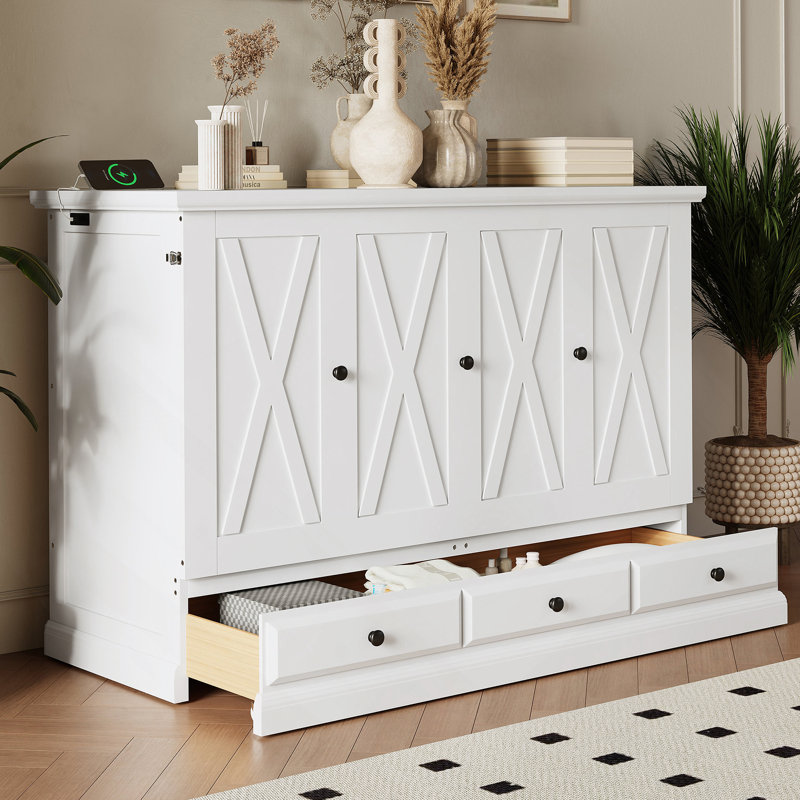 Murphy Bed Chest Cube Cabinet Bed with Charging Station and Large Storage Drawer, White, Queen