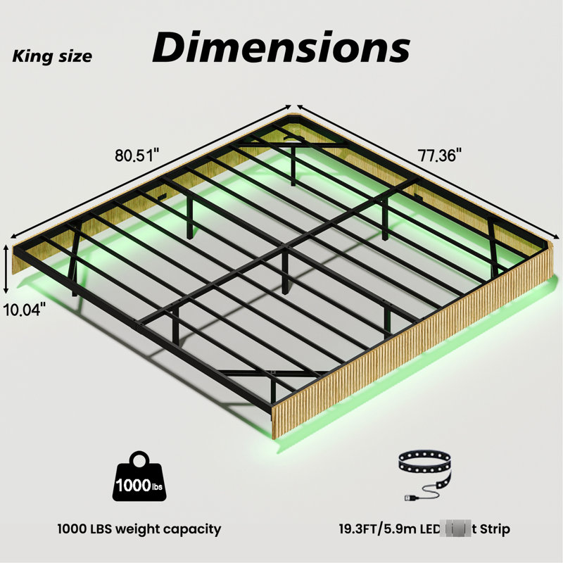 King Oak Floating Bed Frame With Wave Curve Wood Texture, Led Lighting, Heavy Duty Metal Slats, No Box Spring, Multi - Function Lights Colored Size Frame, Lighting System, Invisible Suspension, Sound