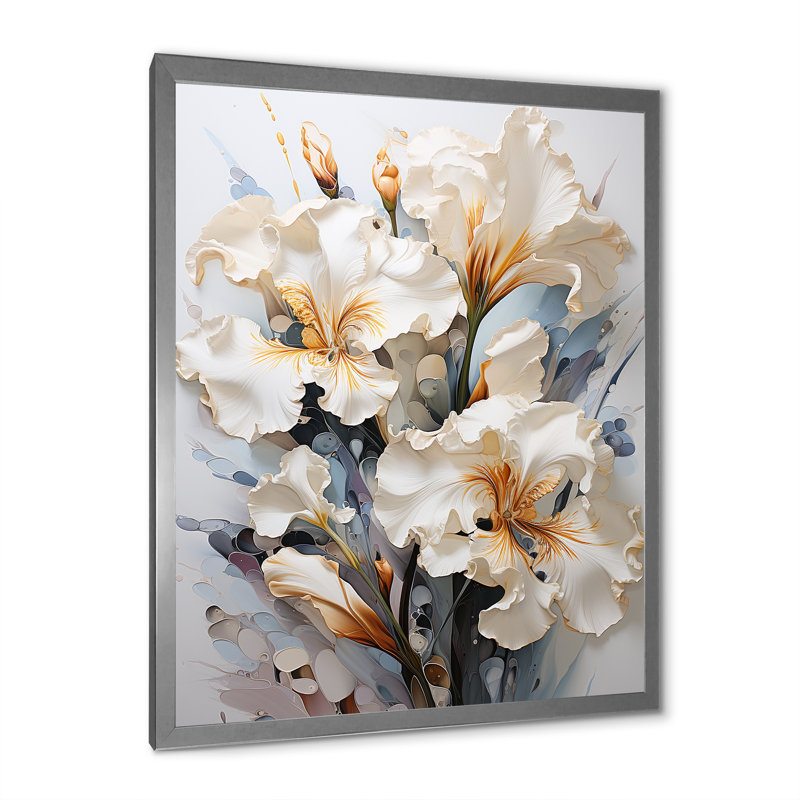 «Serenade of Irises» beige et jaune sur toile, impression sur toile, Cadre simple argenté, H 44 po x l 34 po x P 1,5 po