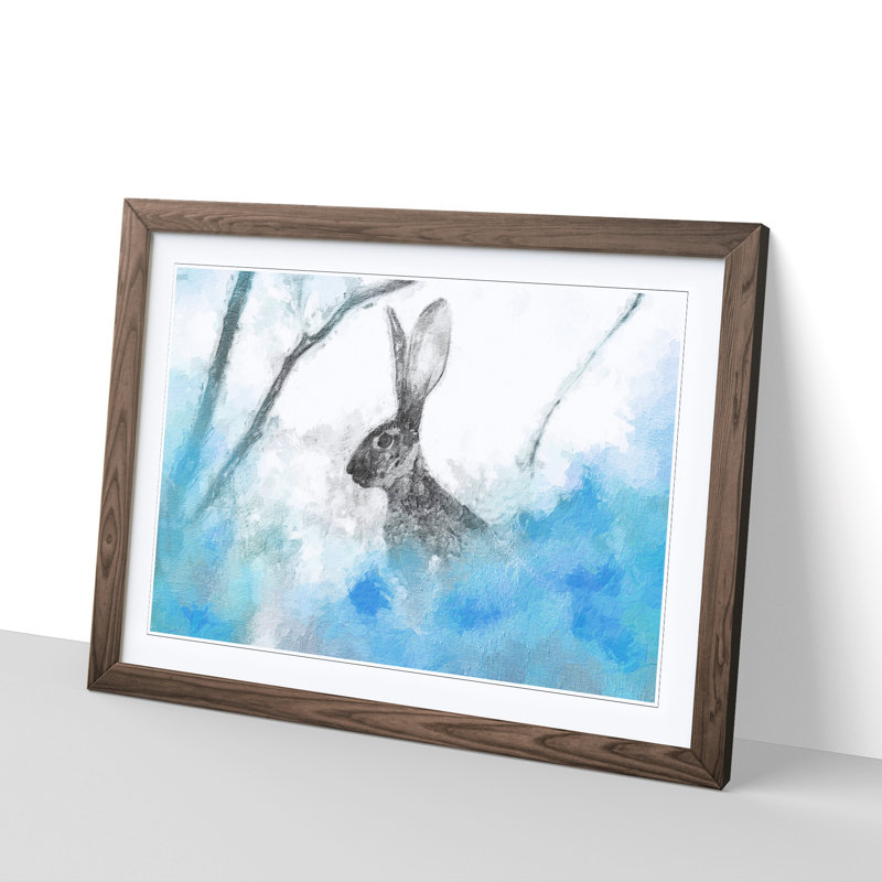 FRM-B-1271X The Alert Hare in Blue - Picture Frame Painting, 48cm H x 65cm W x 2cm D, Walnut Framed