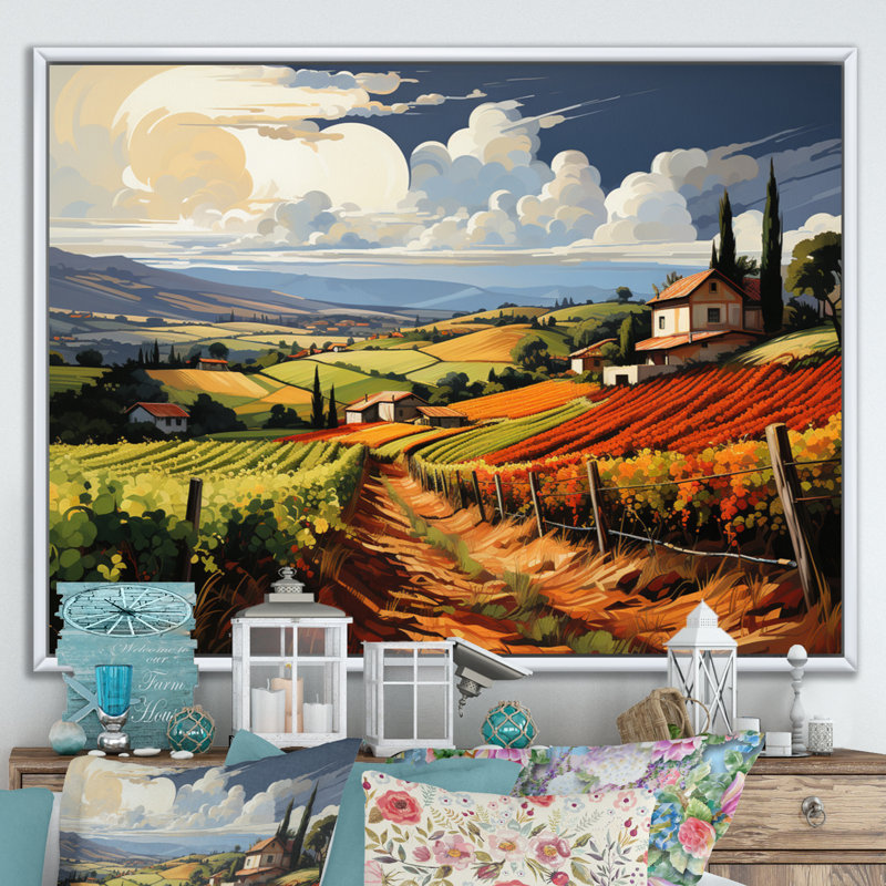 " Vineyard Rows Of Ruby Landscape ", 12" H x 20" W x 1" D, White Floater Frame