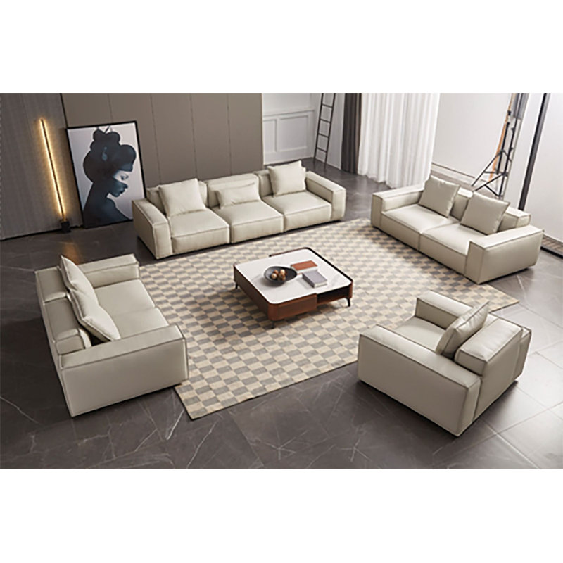 Light Gray Full Leather Chair with Wooden Legs