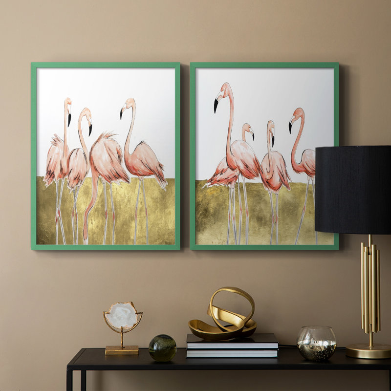 «Flamingo Flock I», reproduction encadrée de qualité supérieure - prête à être accrochée - aucun clou requis - aucun clou requis