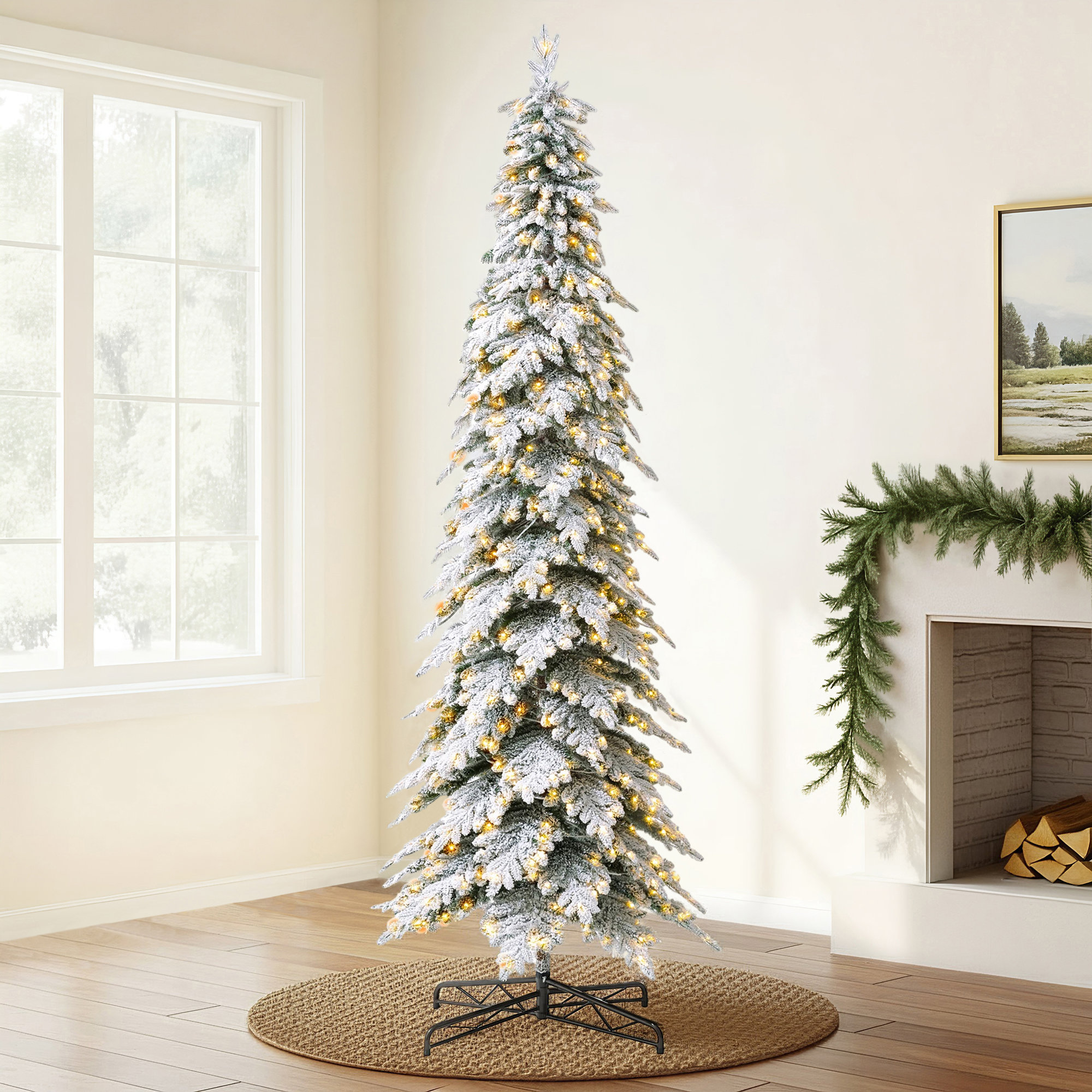 Hersi 11' Pre-Lit Slender Flocked Realistic Spruce Christmas Tree with 700 LED Lights