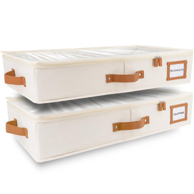 2Pc Under Bed Storage Containers, Bedroom Under The Bed Drawer Storage Organizer With Bins And Lids, Medium Underbed Clothes Storage Box Ideal For Blanket, Fabric, & Shoes (Ivory)