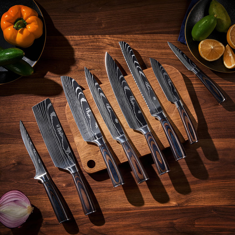 Senken Knives Senken Knives Complete 8-Piece Japanese Kitchen Knife Set With Damascus Pattern - The Imperial Collection - Japanese Chef Knife Set with Smooth Wooden Handles - Ultra Sharp for Fast Cutting