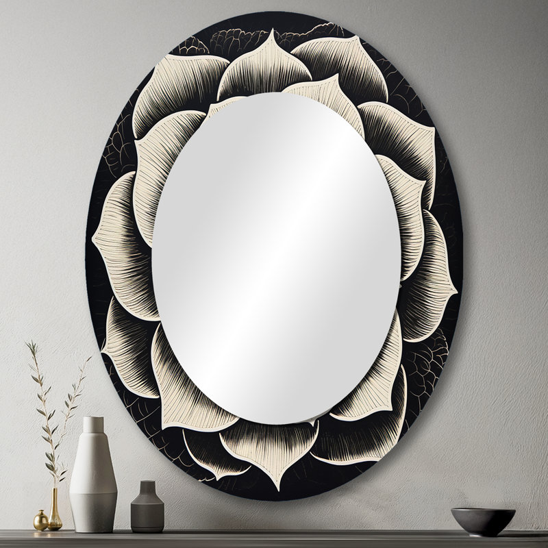 Minimal succulent en noir et blanc - miroir décoratif floral ovale sur métal, 43 po x 33 po