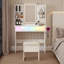 Bureau de coiffeuse avec miroir à DEL et prise de courant, ensemble de coiffeuse avec tiroirs de rangement et chaise, 3 modes d'éclairage et luminosité réglable RVB à DEL, coiffeuse pour chambre de filles, blanc