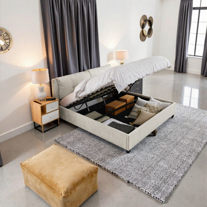 Lit très grand avec rangement et tête de lit tapissier, lit plateforme en tissu de chenille, Beige, Très grand lit