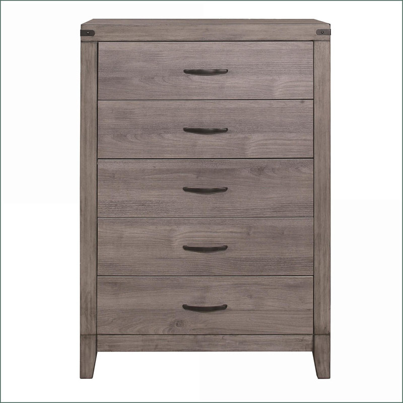 Commodes | Commode industrielle 5 tiroirs en mélamine gris brunâtre avec quincaillerie en métal foncé | Brun gris | Bois