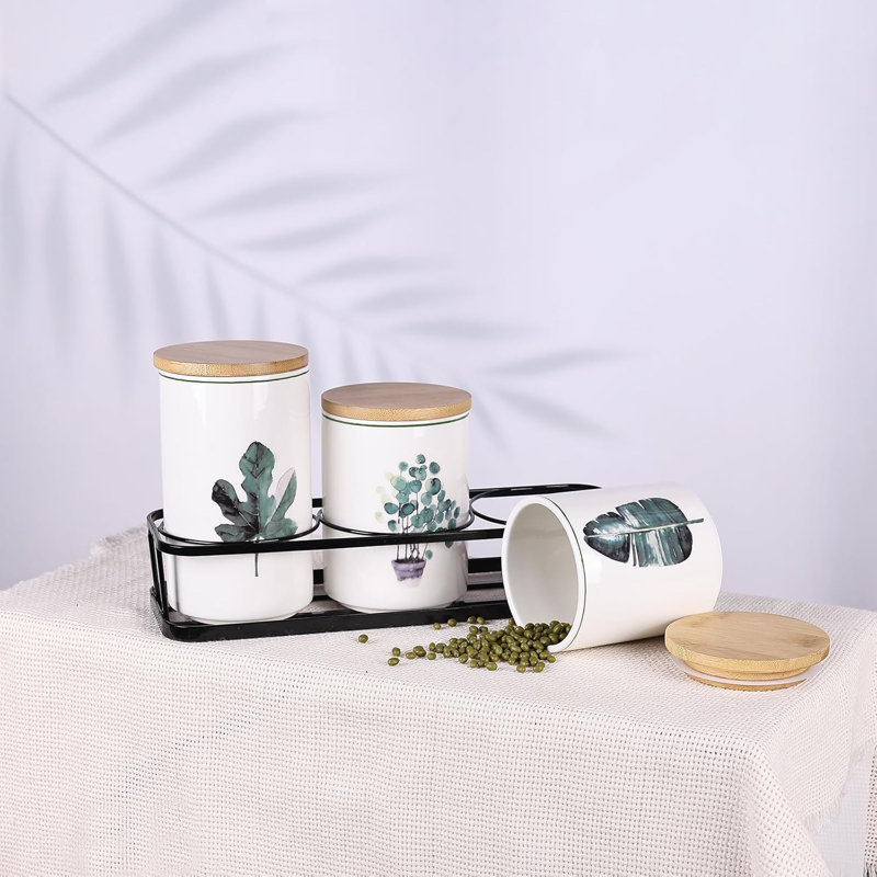 Green Ceramic Kitchen Canisters Set with Bamboo Lids and Tiered Shelf