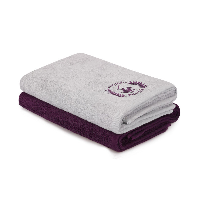 Ensemble de 2 serviettes de bain 100% coton, Mauve / gris clair