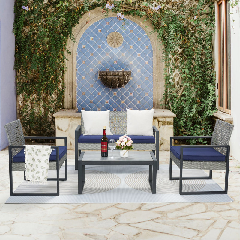 Ensemble de meubles de patio 4 pièces pour balcon, porche, jardin, jardin, cour, plateau de table en bois d'acacia gris, coussin bleu et rotin gris clair