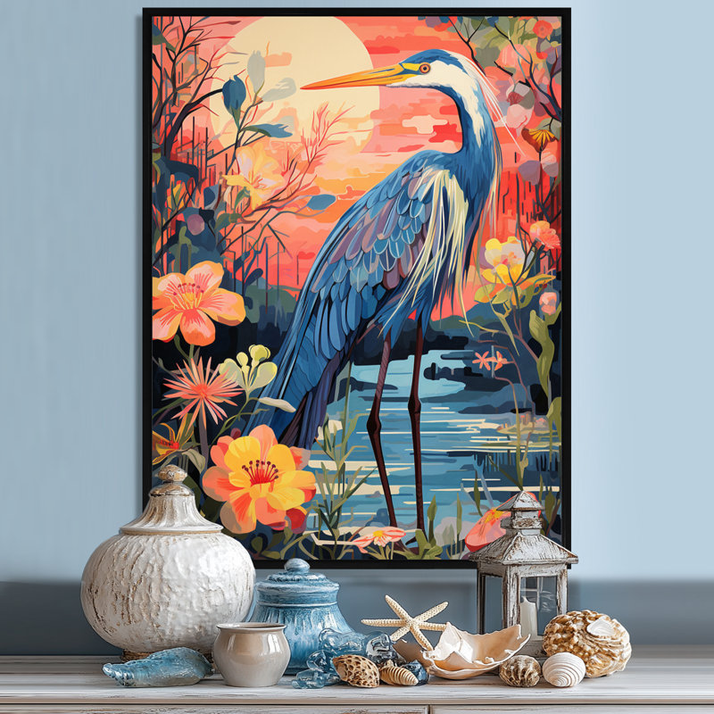 Héron bleu rétro fleur Illustration - héron, art mural, salon, H 32 po x l 16 po, Toile flottante noire encadrée
