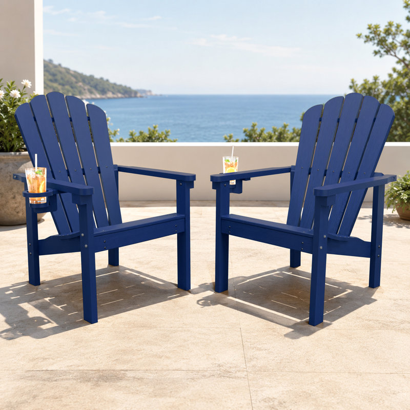 Dareona Set of 2 HDPE Stackable Adirondack Chairs with Cup Holders, All-Weather Outdoor Patio Chairs, Blue, 2