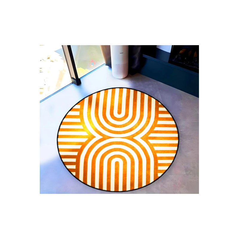 Orange Stripes And Shapes Patterned Woven Base Decorative Carpet, Round 3'4"