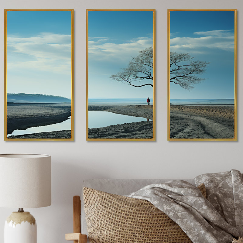 Minimalisme, campagne, ensemble d'art sur toile, Cadre flottant doré, H 40 po x l 60 po x P 1 po