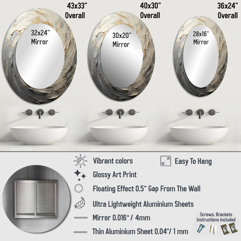 Grey And Gold Mystical Spirals - Large Oval Wall Mirror On Metal, 36" x 24"