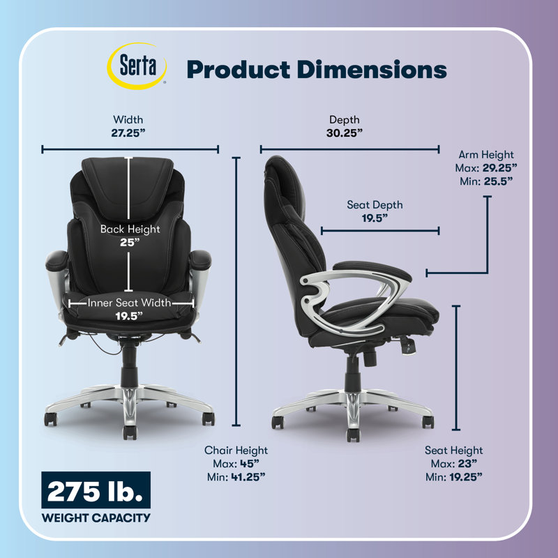 Fauteuil de direction Serta Bryce avec technologie lombaire brevetée AIR et coussins décoratifs superposés, Noir