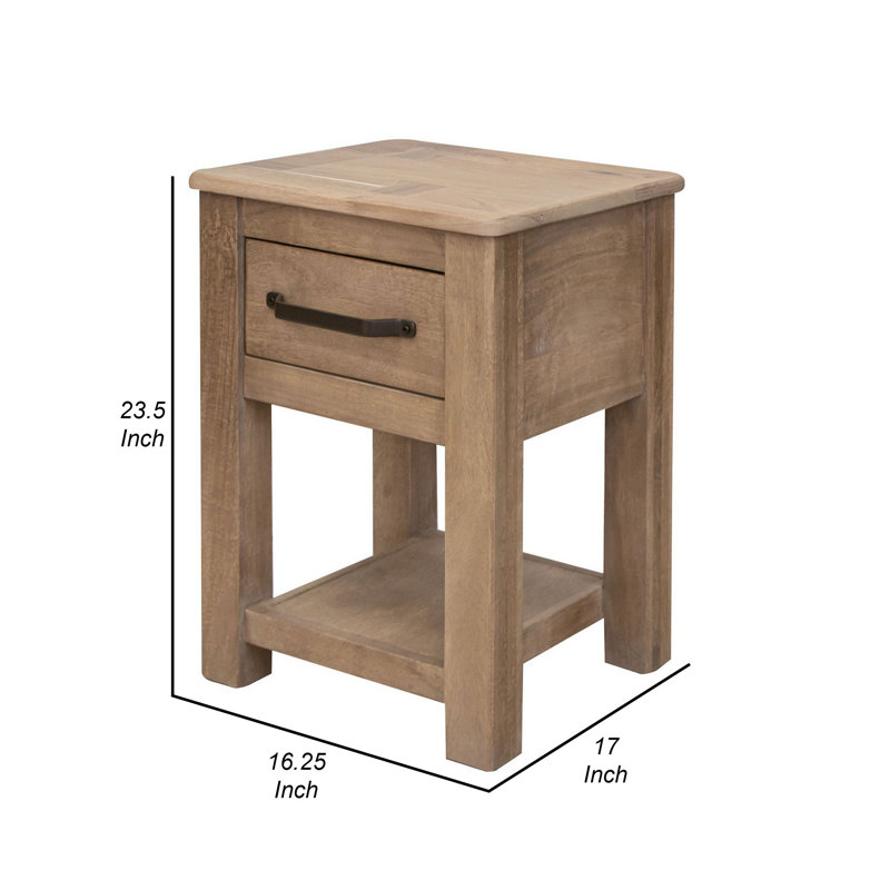 Umey Natural Brown Wood and Metal Chairside Table with Storage