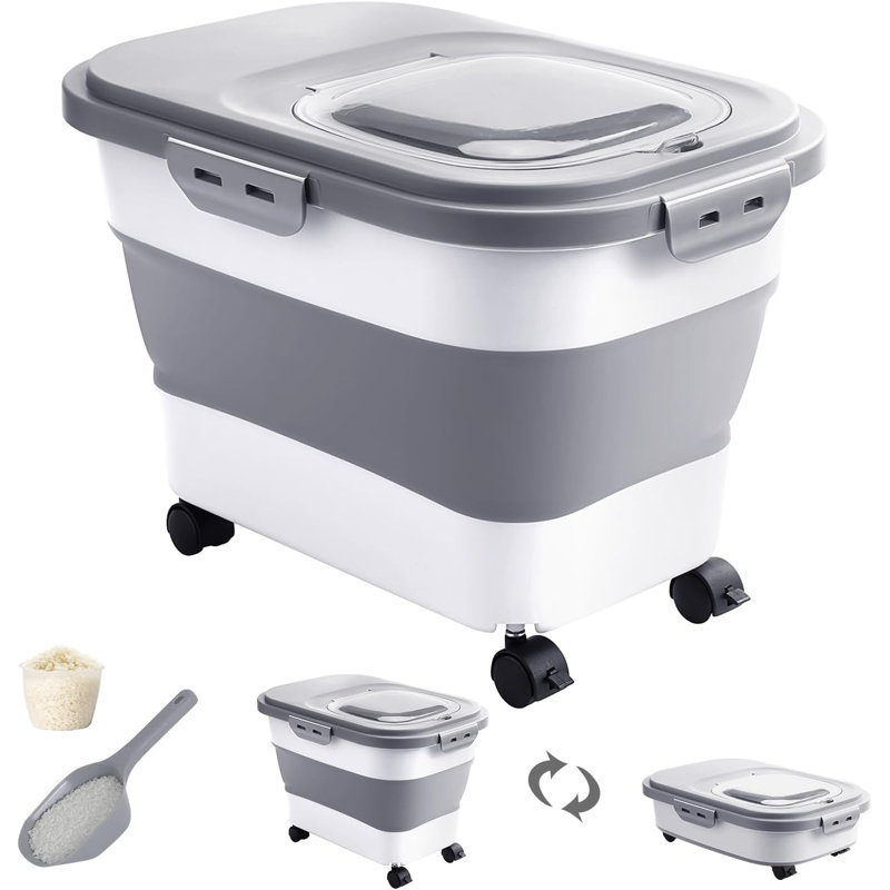 20-30 Lbs Rice Storage Container,Collapsible Food Storage Containers With Rolling Wheel Airtight Locking Lid,Flour Storage Container With Cup And Scoop,Suitable For Food,Rice,Pet Food,Flour