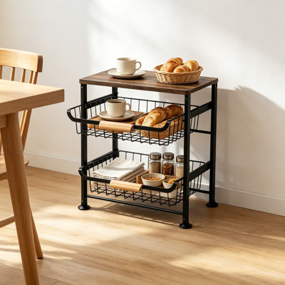Chariot de cuisine à roulettes avec plateau en bois, panier coulissant à 3 niveaux en métal pour fruits et légumes, étagère de rangement portable sur roulettes, étagère robuste pour épices, collations et plus encore.