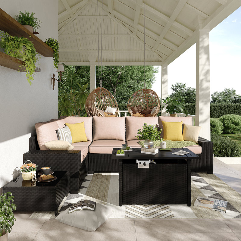 7-pieces Patio Furniture Set With 44" Propane Gas Fire Pit Table, Beige Cushion/Black Frame