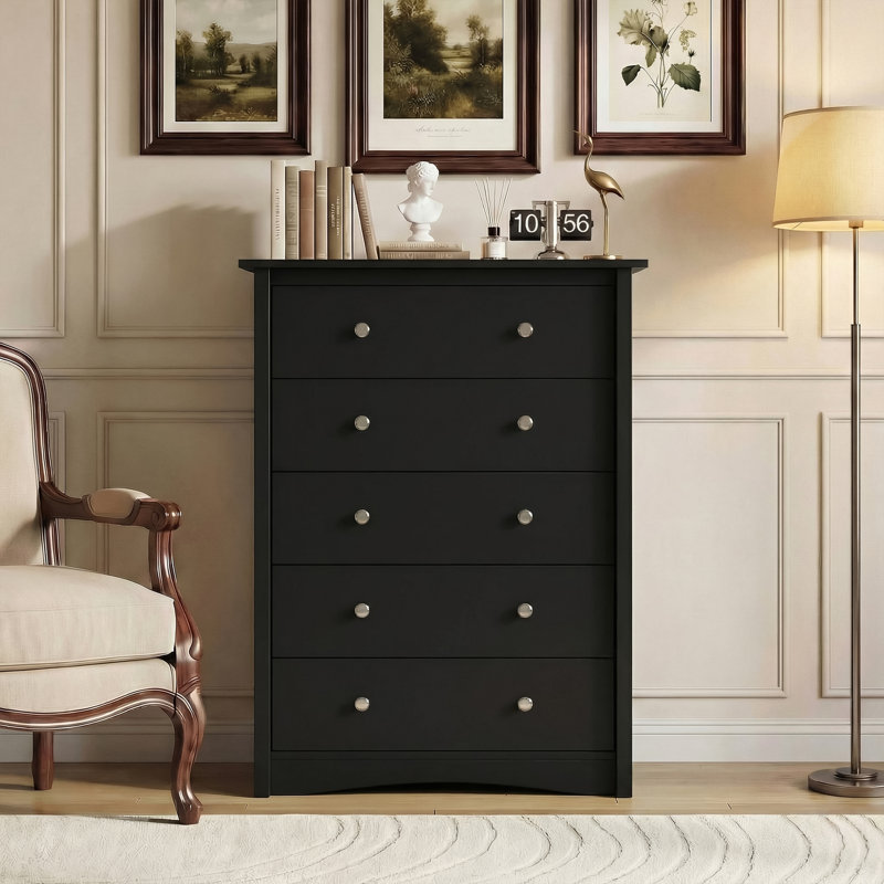 Modern 5-Drawer Dresser With Anti-Tip Kit, Tall Wood Chest For Bedroom Or Living Room Storage, Black, 5