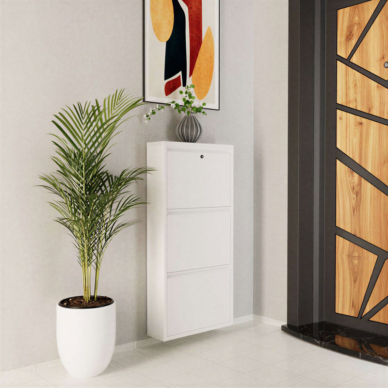 Élégant range-chaussures en métal, blanc, 19,7 x 40,6 x 5,9 pouces | Fabrication 100% métal durable, épaisseur: 0,03 pouce | Conception murale avec portes à ouverture centrale et supports magnétiques | Solution de rangement moderne et fonctionnelle