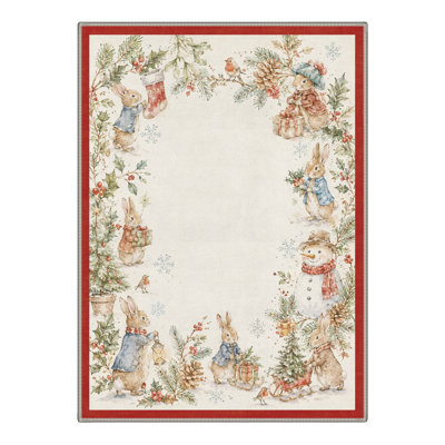 Machine Washable Block Print Ivory / Red Area Rug With Non-Slip Backing